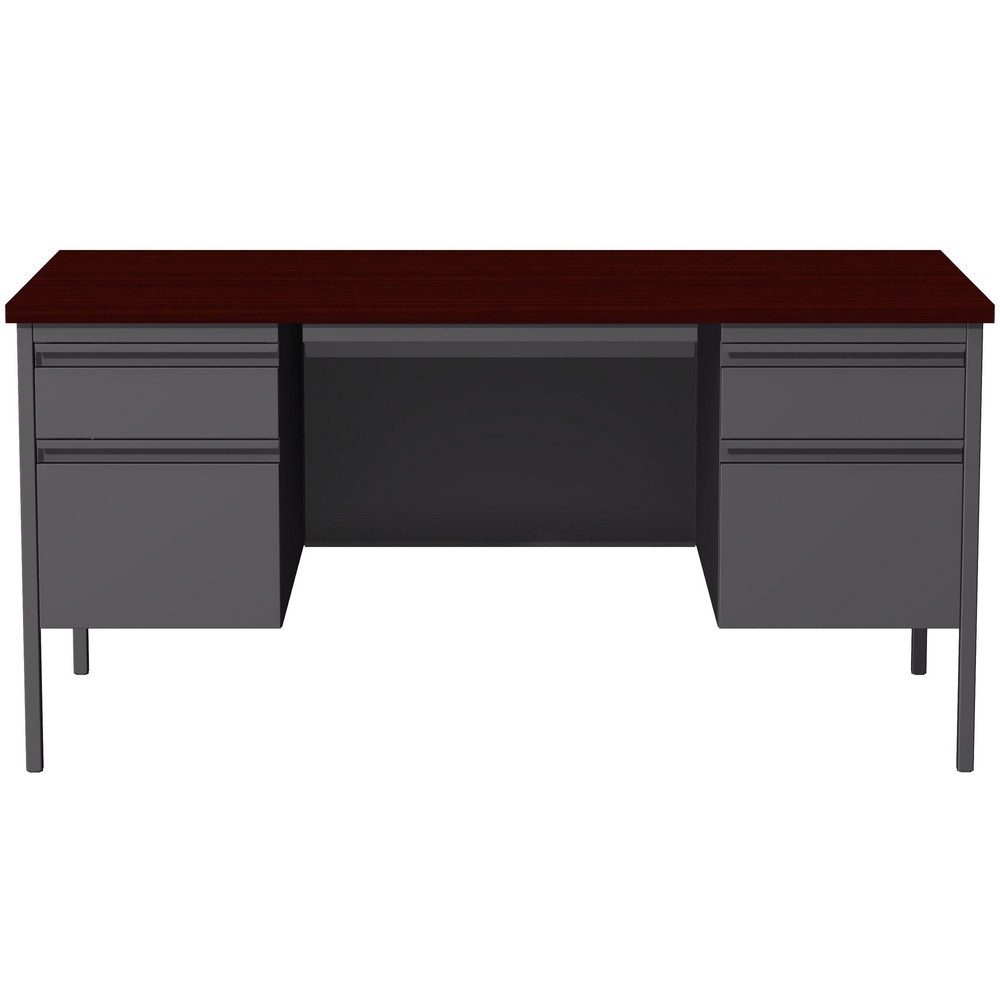 Steel Base Double Pedestal Desk: Woodgrain Laminate Top, Mahogany & Charcoal