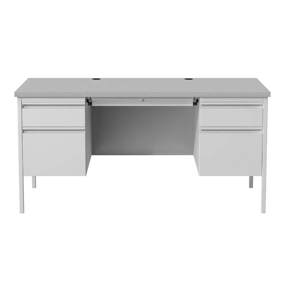 Steel Base Double Pedestal Desk: Woodgrain Laminate Top, Light Gray & Gray
