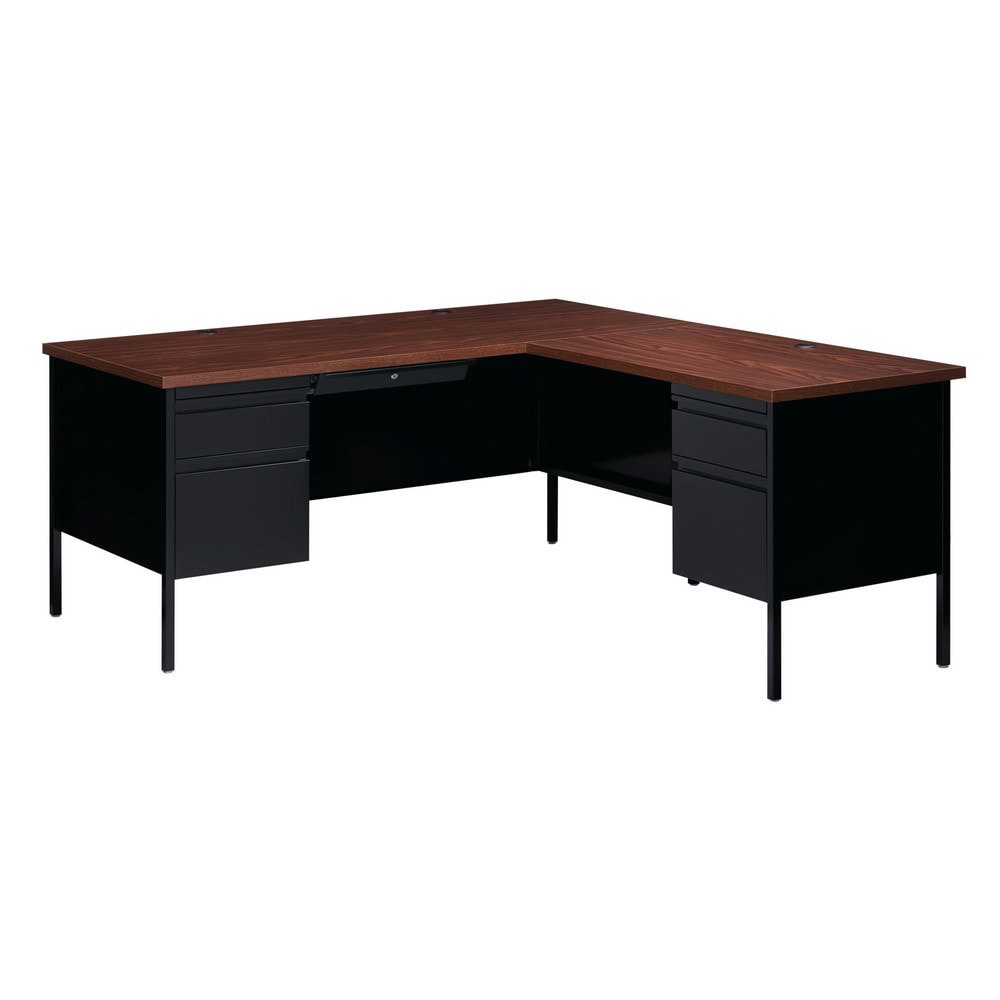 Steel Base Corner Desk: Woodgrain Laminate Top, Black & Walnut