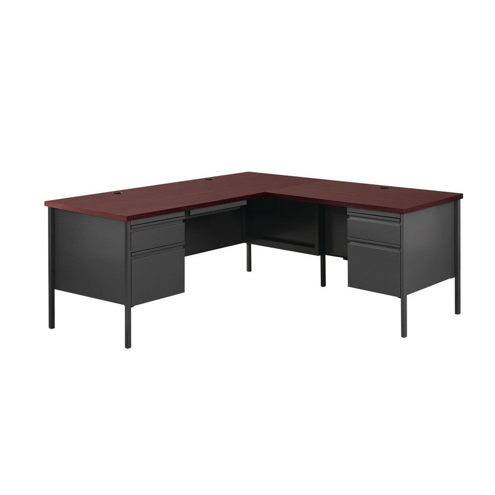 Steel Base Corner Desk: Woodgrain Laminate Top, Mahogany & Charcoal