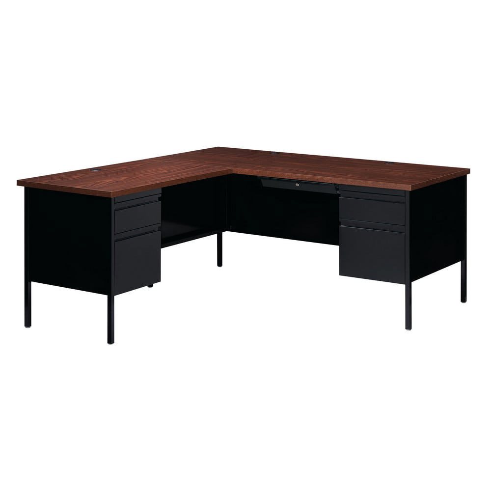 Steel Base Corner Desk: Woodgrain Laminate Top, Black & Walnut