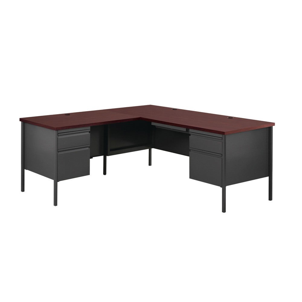 Steel Base Corner Desk: Woodgrain Laminate Top, Mahogany & Charcoal