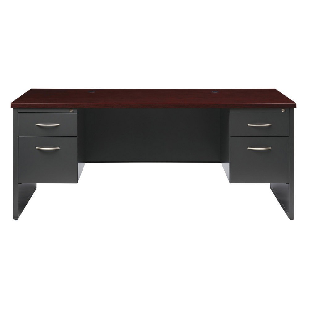 Steel Base Modular Desk: Woodgrain Laminate Top, Mahogany & Charcoal
