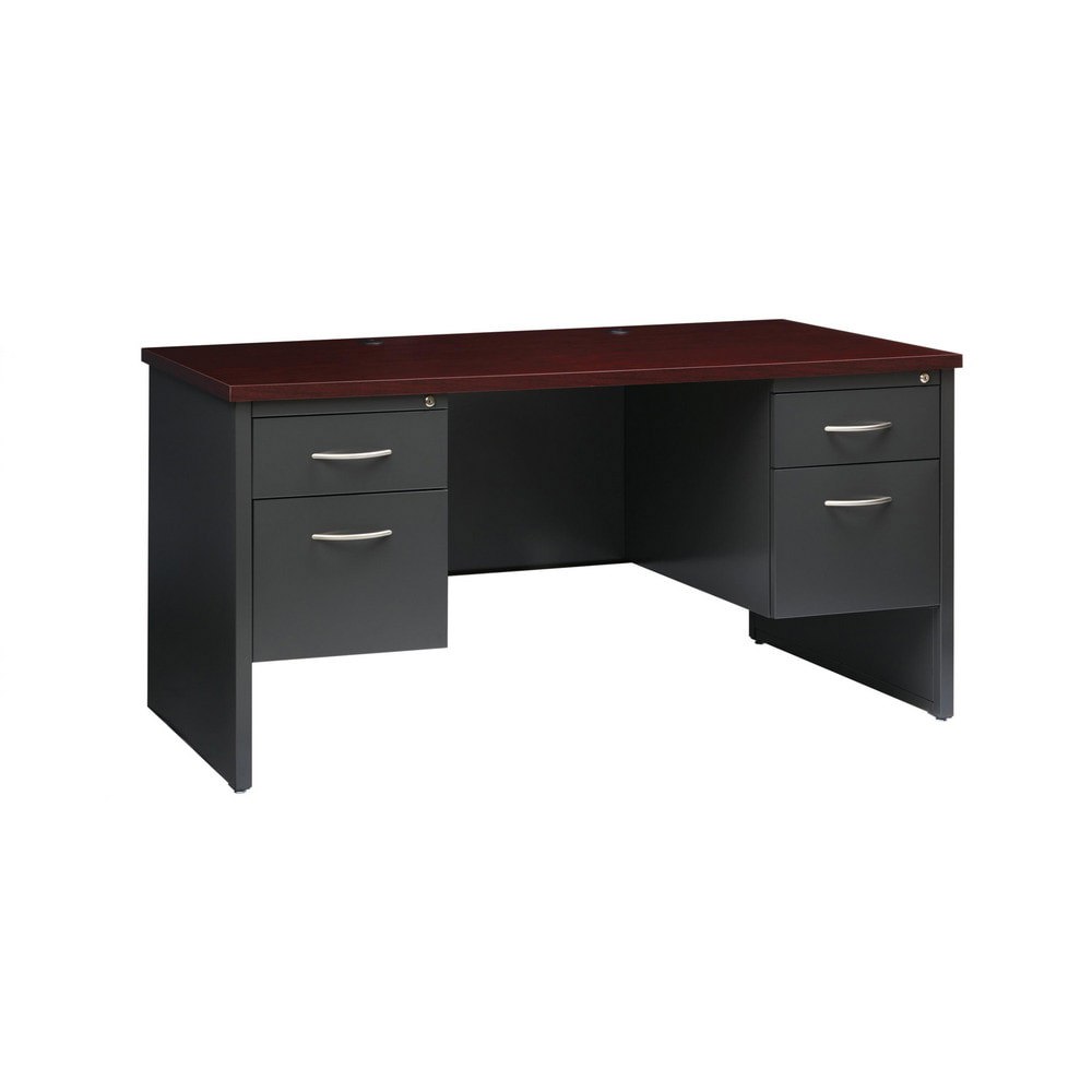 Steel Base Modular Desk: Woodgrain Laminate Top, Mahogany & Charcoal
