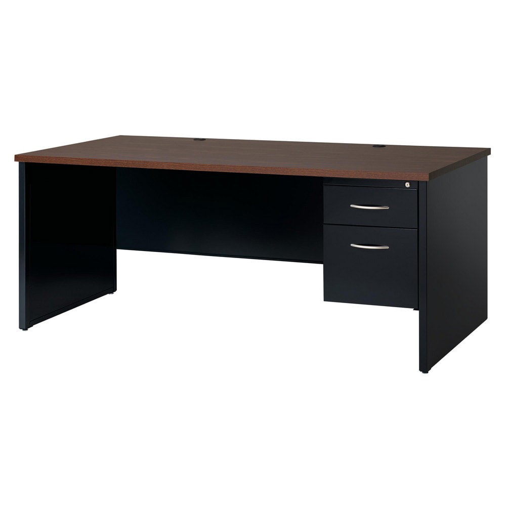 Steel Base Right Pedestal Desk: Woodgrain Laminate Top, Black & Walnut