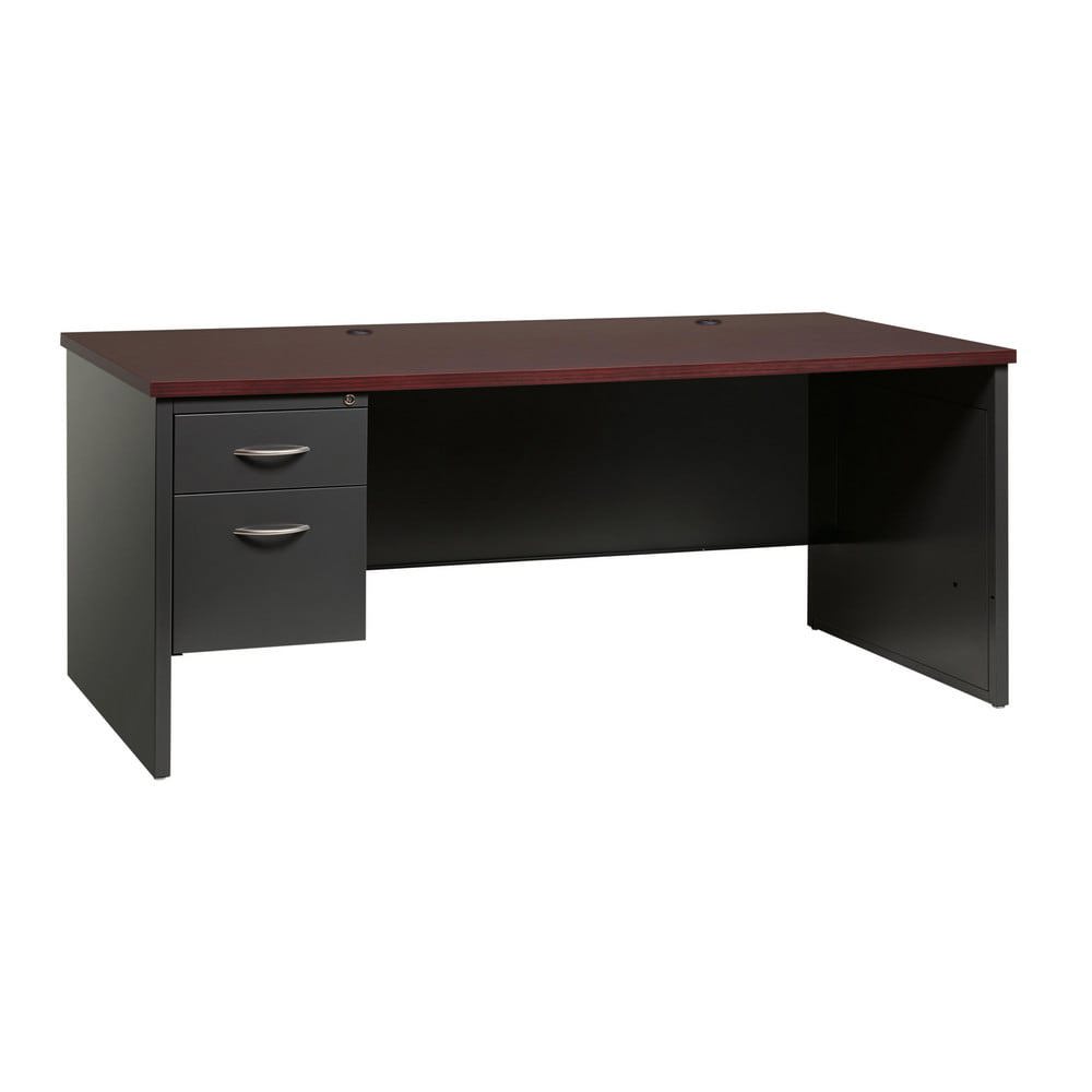 Steel Base Left Pedestal Desk: Woodgrain Laminate Top, Mahogany & Charcoal