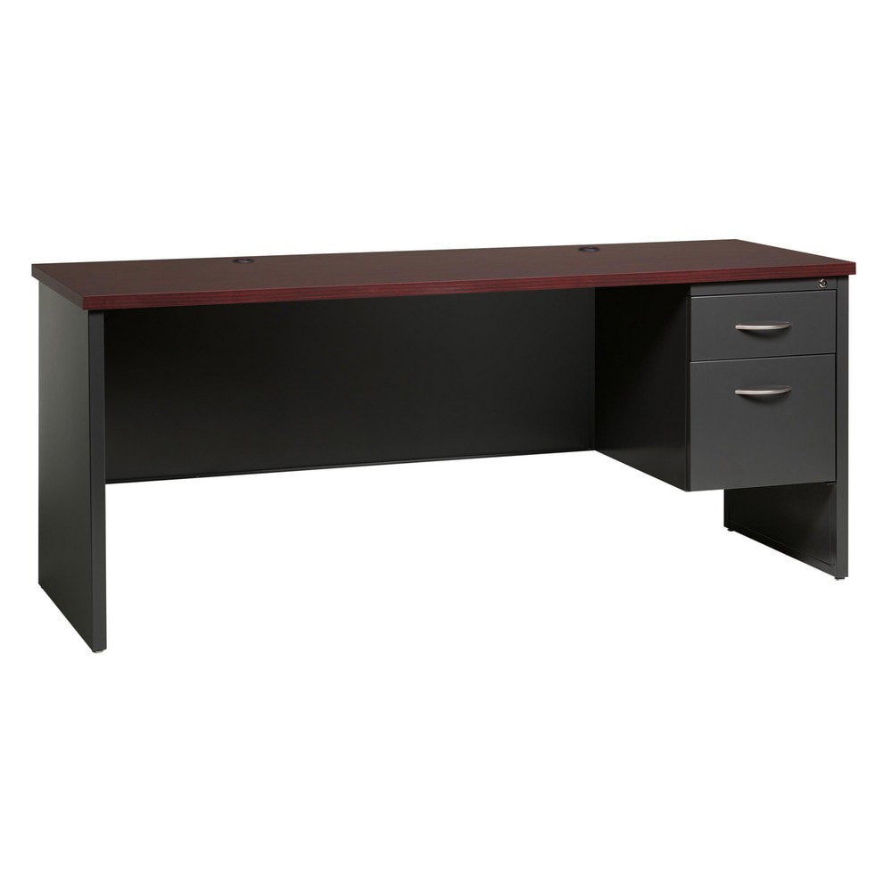 Steel Base Right Pedestal Desk: Woodgrain Laminate Top, Mahogany & Charcoal