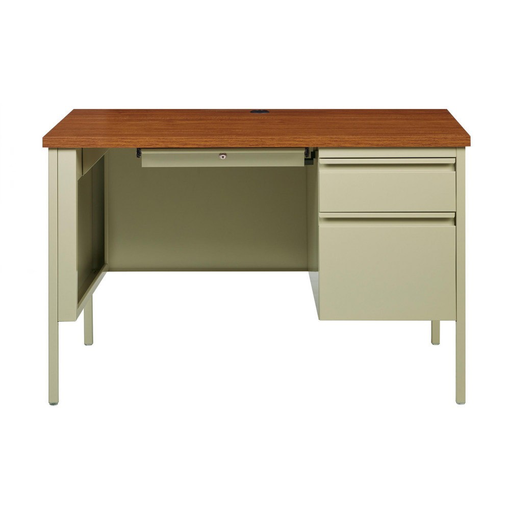 Steel Base Right Pedestal Desk: Woodgrain Laminate Top, Putty & Oak