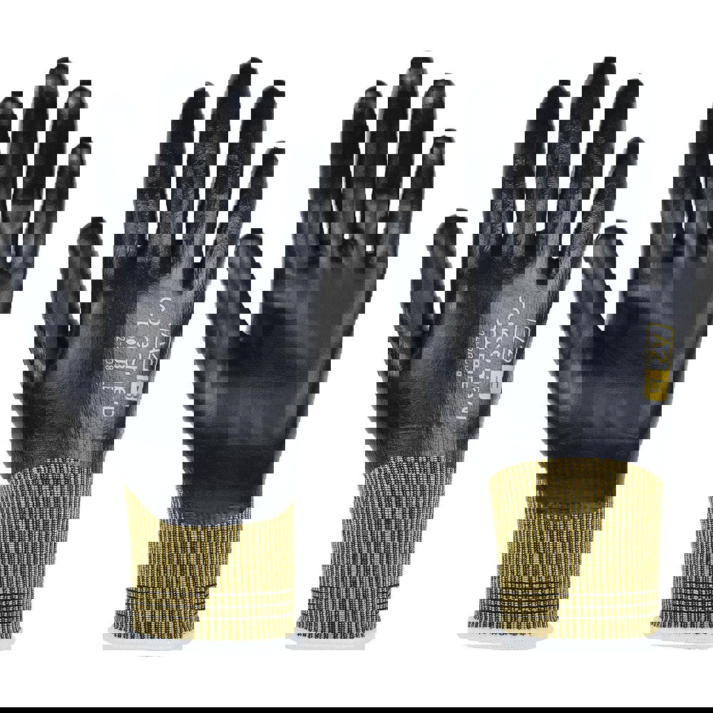 Cut & Puncture Resistant Gloves; Style: Knit ; Coating Material: Microfoam Nitrile ; Coating Coverage: 3/4 Dip and Palm ; Glove Type: Cut, Puncture & Abrasion-Resistant ; ANSI/ISEA Cut Resistance Level: A2 ; Primary Material: Engineered Yarn
