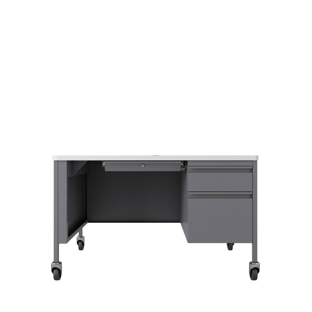 Steel Base Right Pedestal Desk: Woodgrain Laminate Top, Platinum & White