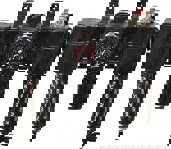 FRL Combination Unit: 1/2 NPT, Intermediate, 3 Pc Filter-Regulator-Lubricator with Pressure Gauge