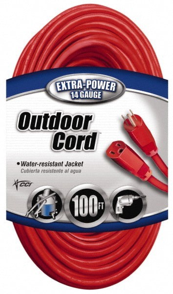 100', 14/3 Gauge/Conductors, Red Indoor & Outdoor Extension Cord