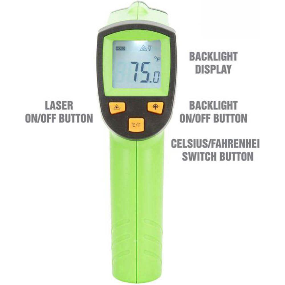 Infrared Thermometers; Display Type: Backlit LCD ; Accuracy: +/-1.5% ; Compatible Surface Type: Concrete; Dark; Dull; Light; Shiny ; Batteries Included: Yes ; Number Of Batteries: 1 ; Battery Size: 9V