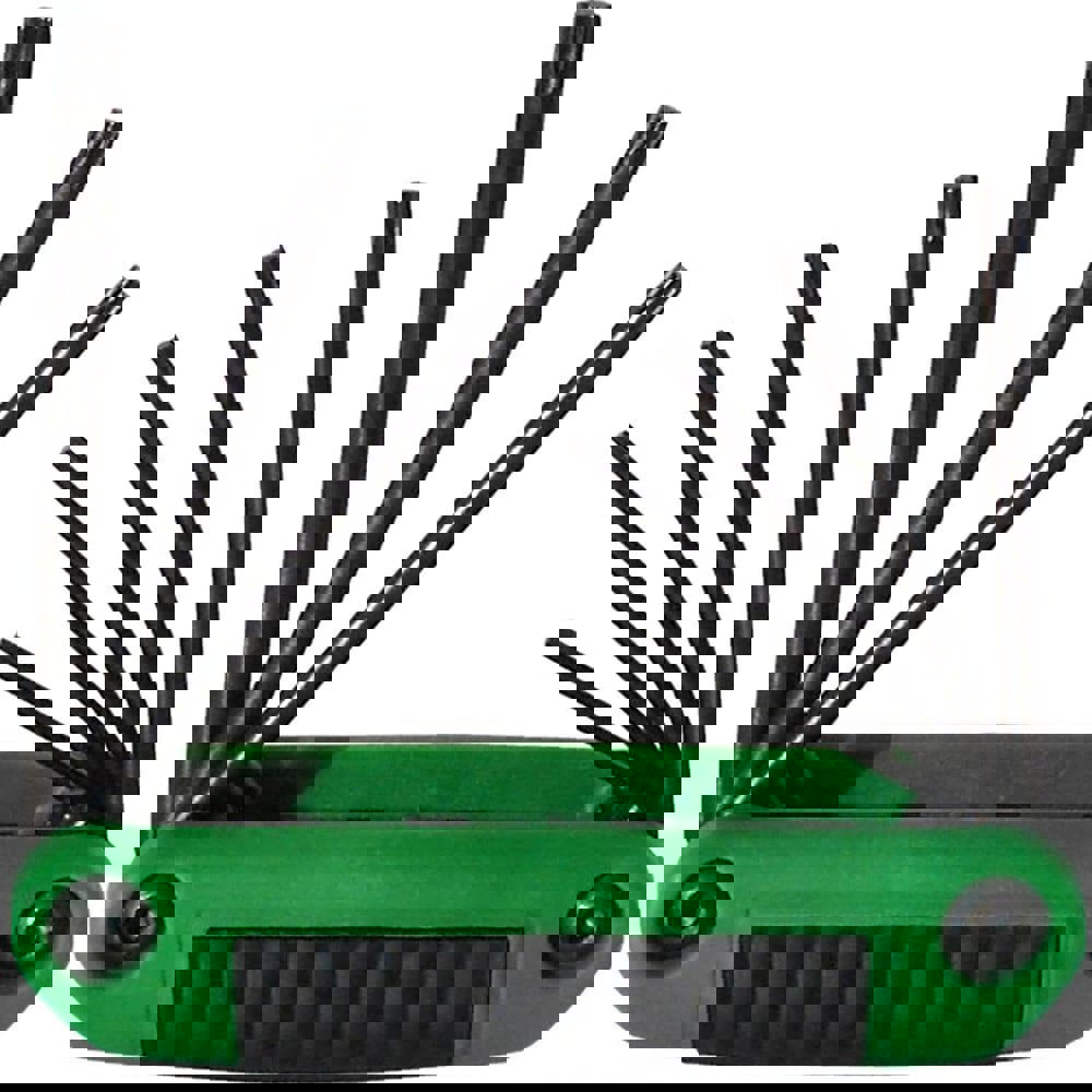 Torx Key Sets; End Type: Torx ; Torx Size: T7; T8; T9; T10; T15; T20; T25 ; Torx Size Range: T7 - T25 ; Handle Type: Fold-Up; Ergonomic Handle ; Finish: Black Oxide ; Handle Color: Green; Black