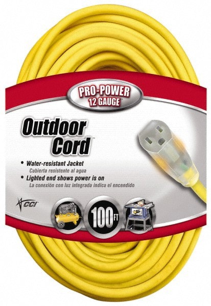 100', 12/3 Gauge/Conductors, Yellow Indoor & Outdoor Extension Cord