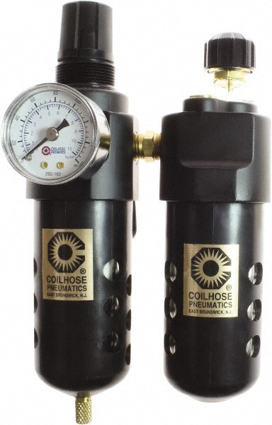 FRL Combination Unit: 1/4 NPT, Compact, 2 Pc Filter/Regulator-Lubricator with Pressure Gauge