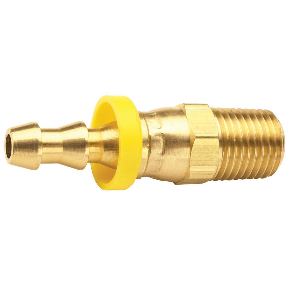 Barbed Push-On Hose Fittings; Fitting Type: Male Swivel ; Inside Diameter (Inch): 1/4 ; Material: Brass ; Thread Standard: NPTF ; Thread Size: 1/4-18 ; Barb Size: 1/4 (Inch)