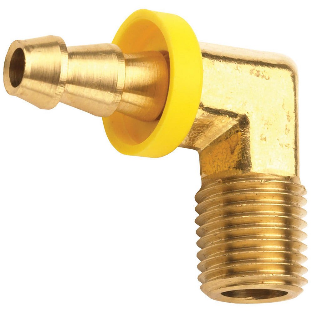 Barbed Push-On Hose Fittings; Fitting Type: Male Elbow ; Inside Diameter (Inch): 1/4 ; Material: Brass ; Thread Standard: NPTF ; Thread Size: 1/8-27 ; Barb Size: 1/4 (Inch)