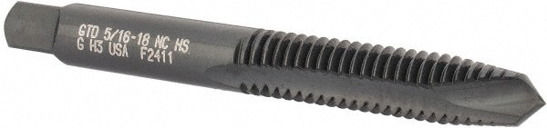 Spiral Point Tap: 5/16-18 UNC, 2 Flutes, Plug Chamfer, 2B/3B Class of Fit, High-Speed Steel, Steam Oxide Coated