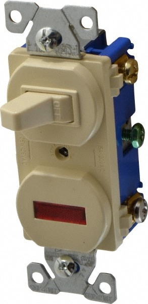 2 Pole, 120 VAC, 15 Amp, Flush Mounted, Combination Switch with Pilot Light
