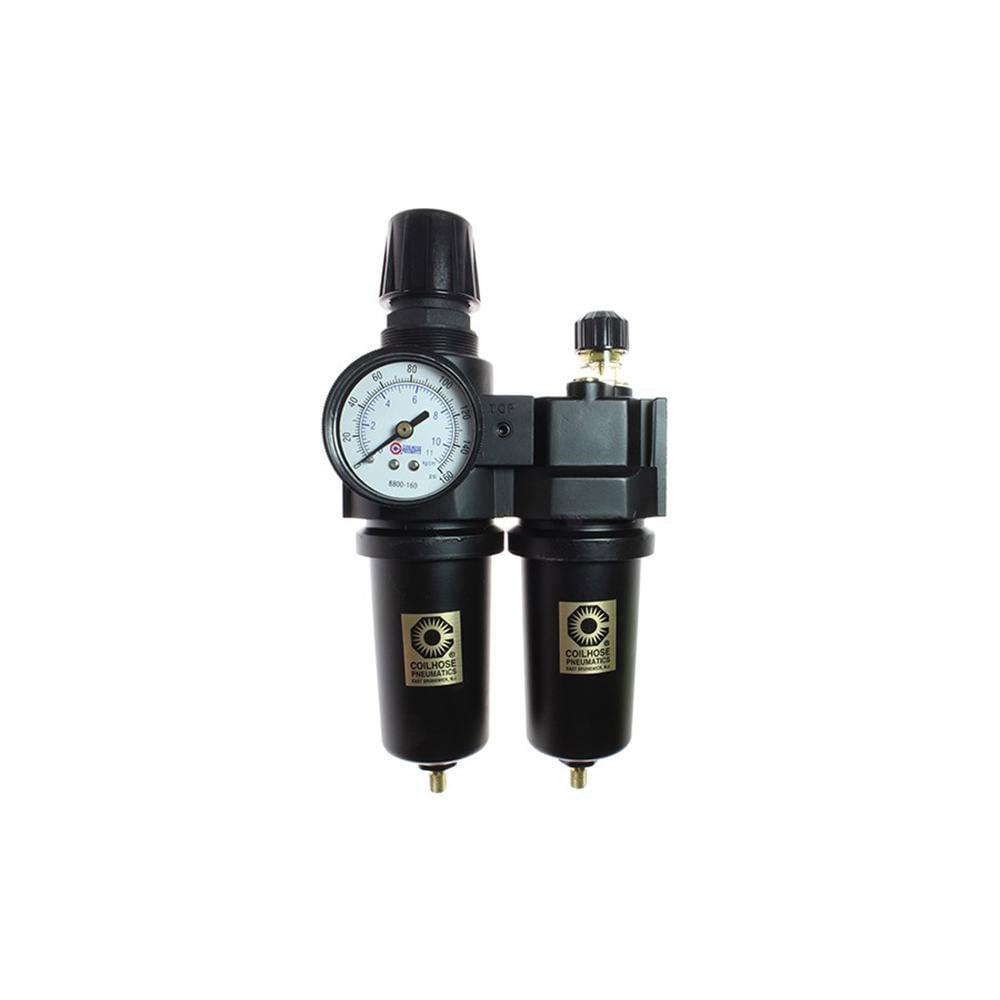 FRL Combination Unit: 3/8 NPT, Standard, 2 Pc Filter/Regulator-Lubricator with Pressure Gauge
