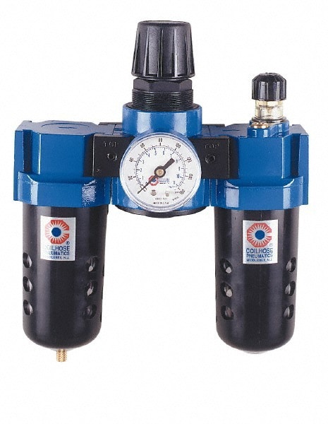 FRL Combination Unit: 1/2 NPT, Standard, 3 Pc Filter-Regulator-Lubricator with Pressure Gauge