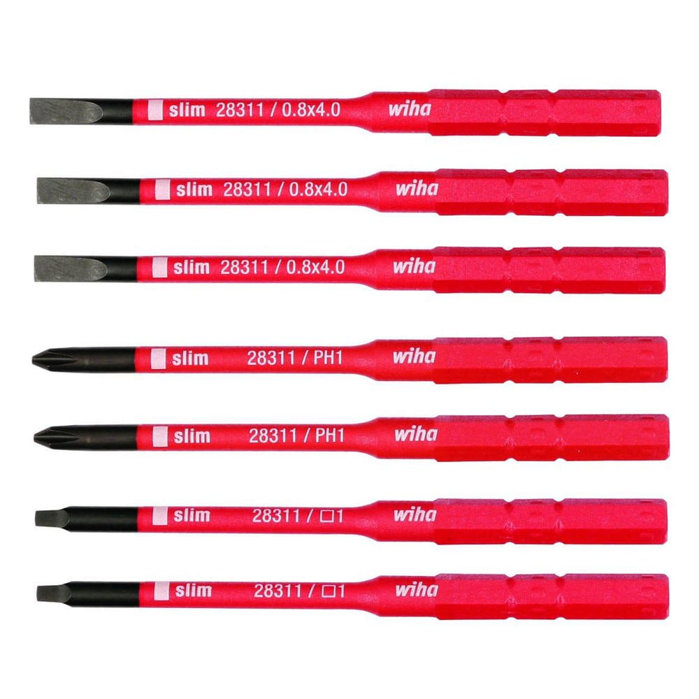 Screwdriver Bit Sets; Set Type: 7 Piece insulated Slimline Blade Set; Slotted 2.5, 3.5, 5.5mm, Phillips #1, #2, Square #1, #2 ; Tip Type: Phillips; Slotted; Square ; Container Type: Plastic Card ; Drive Size: 4.0mm ; Insulated: Yes ; Number Of Pieces: 7