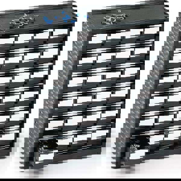 Small Parts Cabinets; Color: Black ; Frame Material: Polypropylene ; Special Item Information: Includes Labels ; Number Of Drawers: 24.0 ; Number Of Bins: 24 ; UNSPSC Code: 56111906