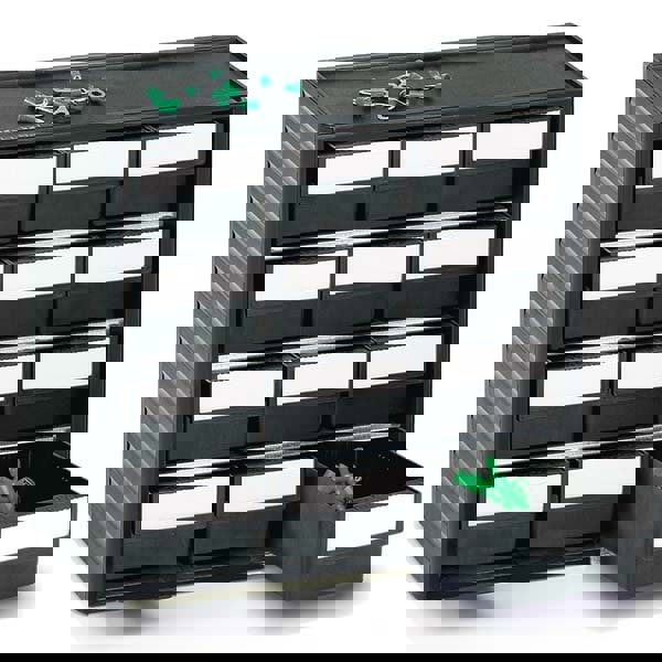 Small Parts Cabinets; Color: Black ; Frame Material: Polypropylene ; Special Item Information: Includes Labels ; Number Of Drawers: 12.0 ; Number Of Bins: 12 ; UNSPSC Code: 56111906