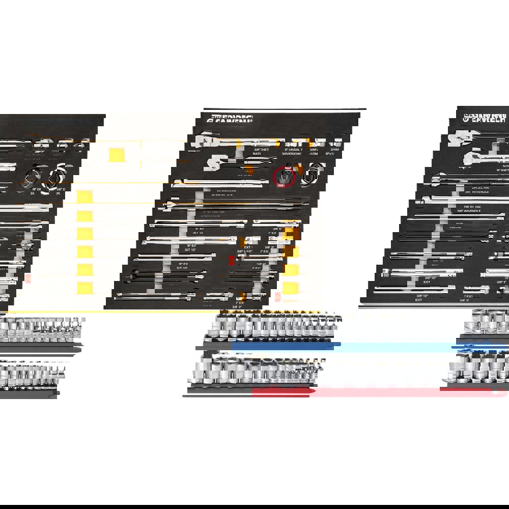 Combination Hand Tool Sets; Tool Type: Standard; Set Type: Mechanic's Tool; Container Type: Pre-Cut Foam Tray; Measurement Type: Inch; Metric; Includes: 14Pc. Socket Set 6-19mm; (1) 3/8 in Gimbal Ratchet; (1) 3/8 in Thumbwheel Ratchet; (10) 3/8 in Flex Ha