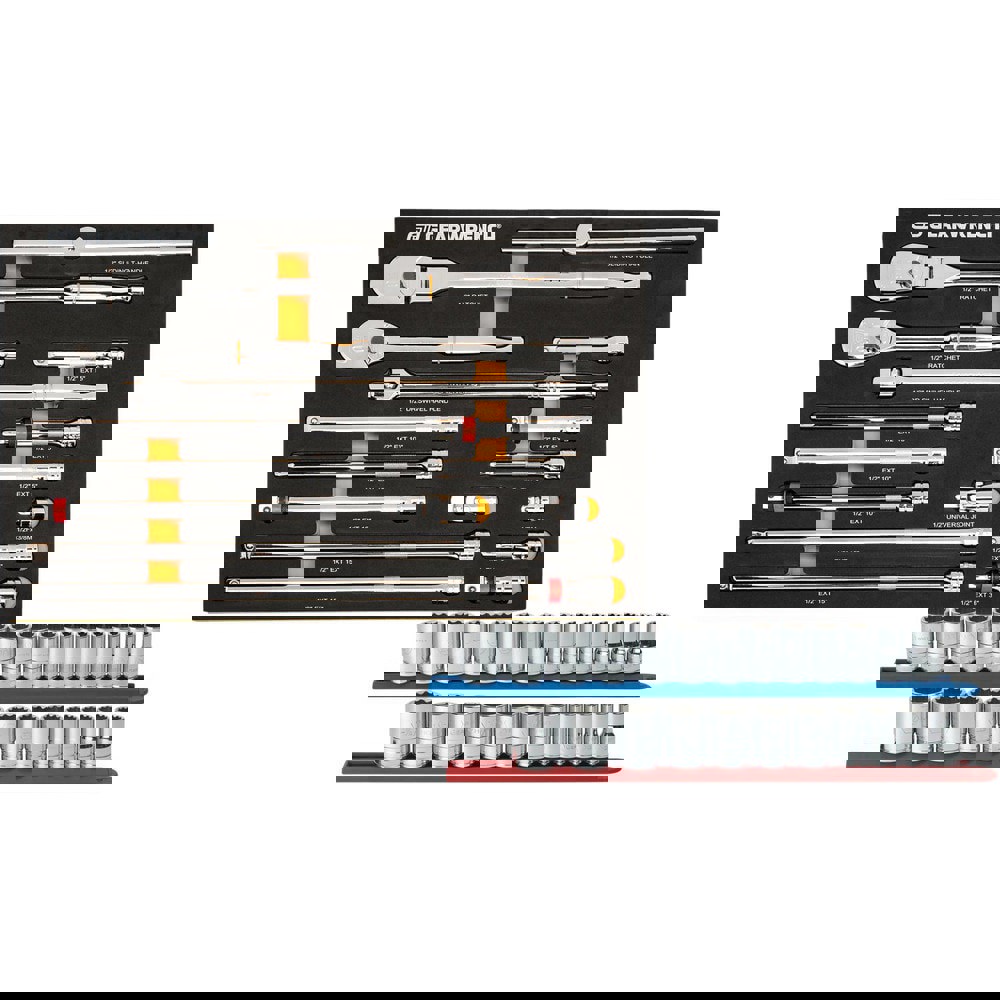 Combination Hand Tool Sets; Tool Type: Standard; Set Type: Mechanic's Tool; Container Type: Pre-Cut Foam Tray; Measurement Type: Inch; Metric; Includes: (1) 1/2 in F x 3/8 in M Drive Adapter; (4) 1/2 in Extension Bars; 11Pc. Socket Set 1/2