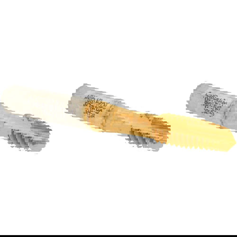 Spiral Point Tap: 5/16-18 UNC, 3 Flutes, Plug, 2B Class of Fit, Powdered Metal, TiN Coated