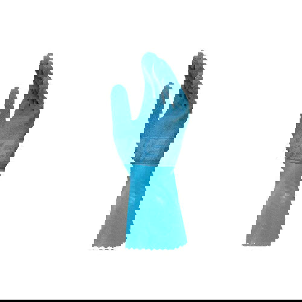 Chemical Resistant Gloves; Material: Natural Latex ; Color: Blue ; Thickness (mm): 1.15 ; Supported or Unsupported: Supported ; Grip Surface: Pebbled ; Chemicals Resisted: Bases; Diluted Acids