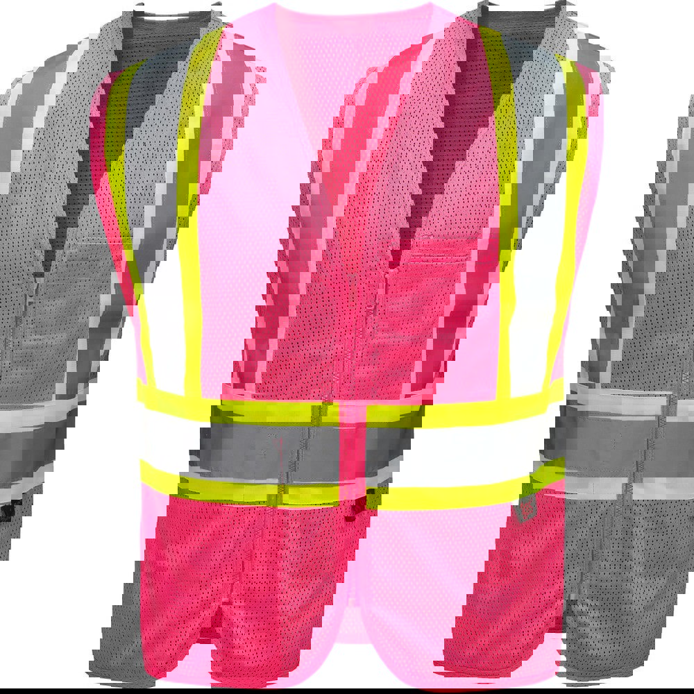 High Visibility Vests; Size: Large/X-Large ; Color: Pink ; Closure Type: Zipper ; Number of Pockets: 2 ; Chest Size (Inch): 28-30 ; Material Composition: Mesh