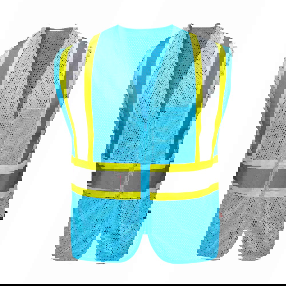 High Visibility Vests; Size: 2X-Large/3X-Large ; Color: Sky Blue ; Closure Type: Zipper ; Number of Pockets: 2 ; Chest Size (Inch): 30-32 ; Material Composition: Mesh