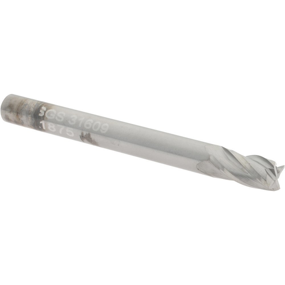 Square End Mill: 3/16'' Dia, 3/8'' LOC, 3/16'' Shank Dia, 2'' OAL, 4 Flutes, Solid Carbide