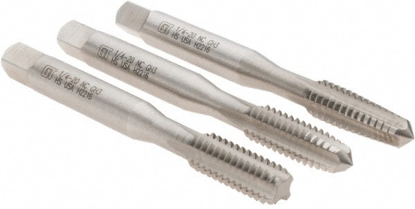 Tap Set: 1/4-20 UNC, 4 Flute, Bottoming Plug & Taper, High Speed Steel, Bright Finish