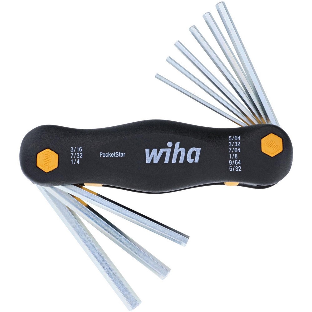 Hex Key Sets; Ball End: No ; Tool Type: Fold Out Hex Set ; Handle Type: Folding ; Measurement Type: Inch ; Hex Size: 5/64 in; 3/32 in; 7/64 in; 1/8 in; 9/64 in; 5/32 in; 3/16 in; 7/32 in; 1/4 in ; Hex Size Range (Inch): 5/64 to 1/4