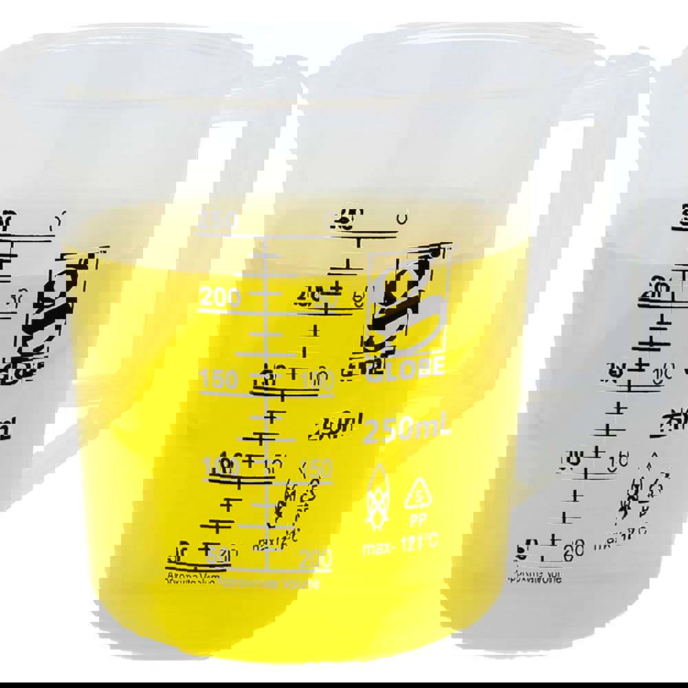 Beakers & Pipettes; Beaker Type: Pitcher ; Volume Capacity: 250.0ml ; Material: Polypropylene ; Maximum Temperature: 180F ; Labware Transparency: Translucent ; Graduations: Yes