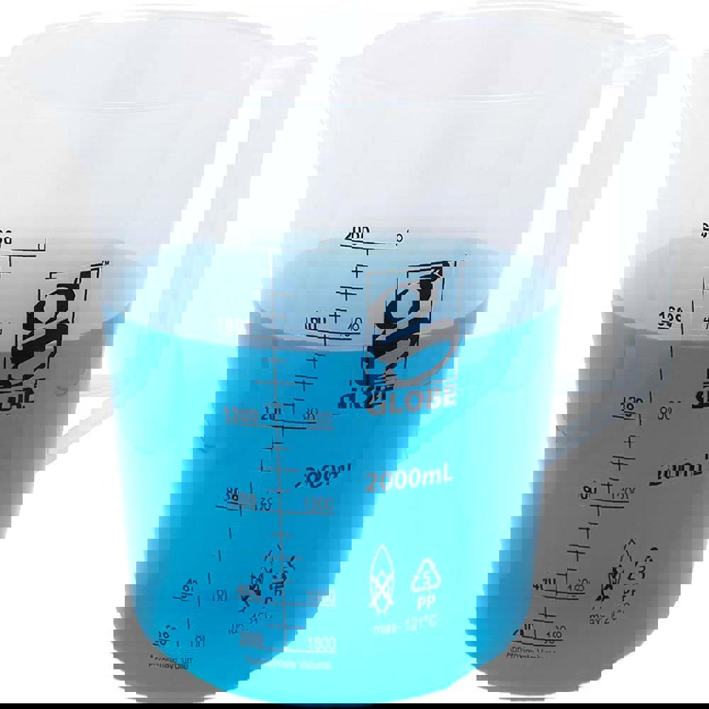Beakers & Pipettes; Beaker Type: Pitcher ; Volume Capacity: 2000.0ml ; Material: Polypropylene ; Maximum Temperature: 180F ; Labware Transparency: Translucent ; Graduations: Yes