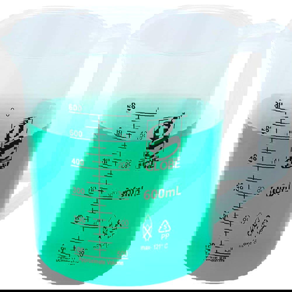 Beakers & Pipettes; Beaker Type: Pitcher ; Volume Capacity: 600.0ml ; Material: Polypropylene ; Maximum Temperature: 180F ; Labware Transparency: Translucent ; Graduations: Yes