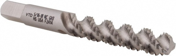 Spiral Flute Tap: 5/16-18 UNC, 3 Flutes, Bottoming, 2/3B Class of Fit, High Speed Steel, Bright/Uncoated