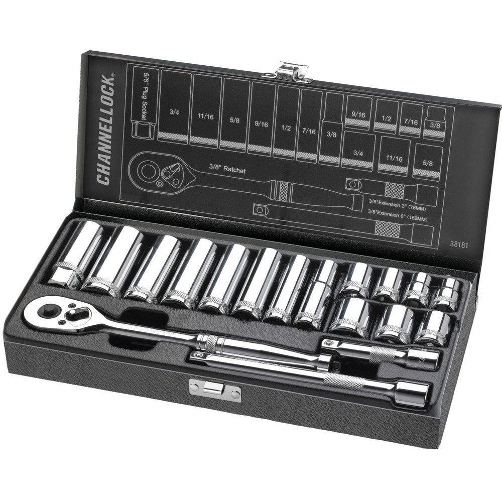 Socket Sets; Set Type: Ratchet & Socket Set ; Drive Size: 0.38 in ; Minimum Size (Inch): 3/8 ; Maximum Size (Inch): 3/4 ; Tool Type: STANDARD SAE 3/8 inch drive chrome vanadium sockets ; Material: Chromium-Vanadium Steel