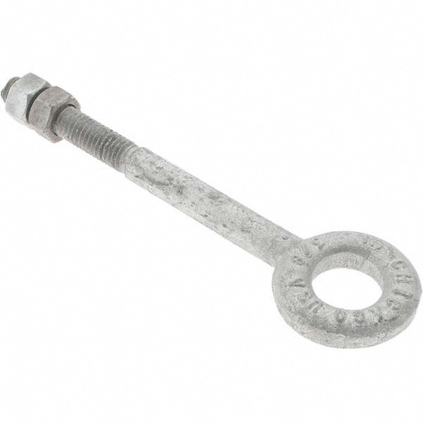 Fixed Lifting Eye Bolt: Without Shoulder, 1,200 lb Capacity, 3/8-16 Thread, Grade C-1035 Steel