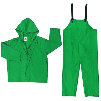 Rain Suit with Bib Overalls: Size Large, Non-Hazardous Protection, Green, Nylon & PVC