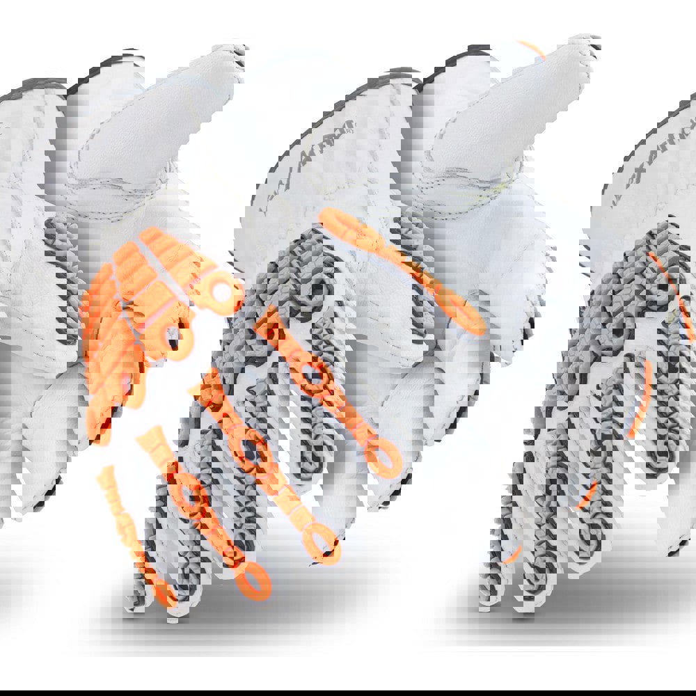 Cut & Puncture Resistant Gloves; Glove Type: Cut & Puncture-Resistant; Impact-Resistant ; Primary Material: Goatskin ; Lining Material: Goatskin Leather ; ANSI/ISEA Abrasion Resistance Level: 4 ; Color: Orange; White ; Men's Numeric Size: 14