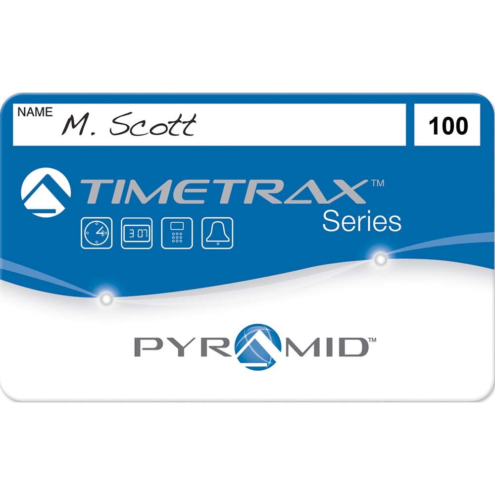 Use with Pyramid Time Systems TTEZ, TTEZEK, PSDLAUBKK, TTPRO, TTMOBILE, FASTTIME 8000 & 9000 Time Clock Systems. Quickly record employee arrival times, breaks, lunches or departure times with TimeTrax Swipe Cards. Employees simply swipe card through magn