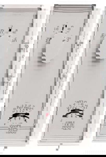 Thermostats; Thermostat Type: Vertical Mechanical Thermostat; Style: 1 Heat, 1 Cool; Minimum Temperature (F): 50.0 0F; 50; Maximum Temperature: 90.0 0F; Maximum Temperature (F): 90; Minimum Voltage: 24 V; Maximum Voltage: 30 V; Color: Beige; Minimum Volta