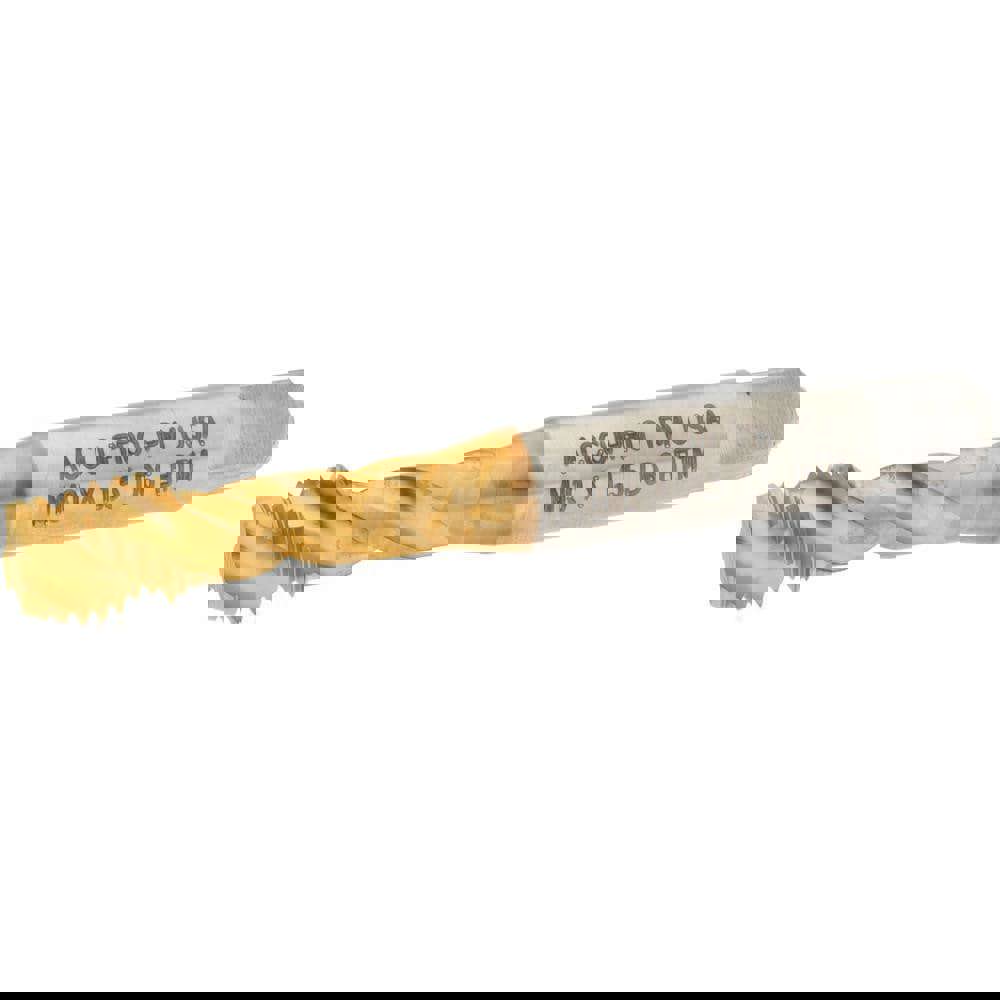 Spiral Flute Tap: M10x1.50 Metric Coarse, 3 Flutes, Modified Bottoming, 6H Class of Fit, Powdered Metal, TIN Coated