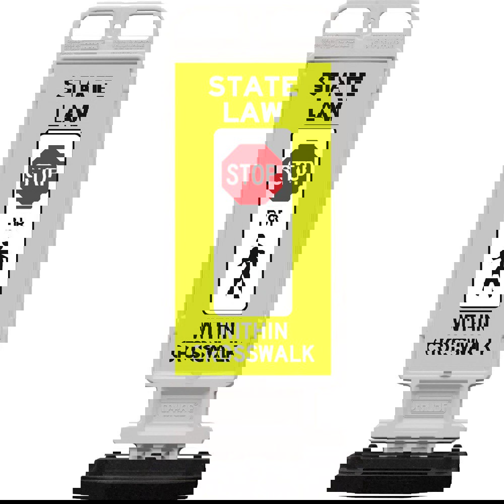 Safety Signs; Family: Traffic & Parking Sign ; Sign Type: Pedestrian Crossing ; Sign Header: STOP ; Legend: STATE LAW STOP FOR PEDESTRIAN WITHIN CROSSWALK ; Message/Graphic: Message & Graphic ; Graphic Type: Stop Sign